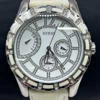 Guess Multi-Function Crystal Accented White Leather Watch