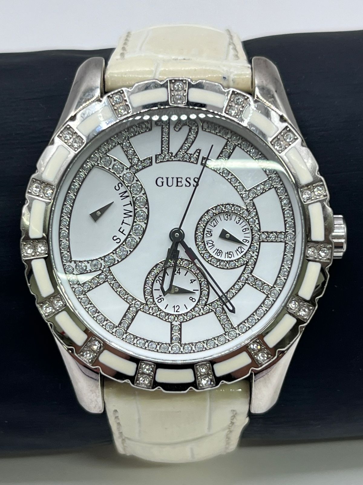 Guess Multi-Function Crystal Accented White Leather Watch