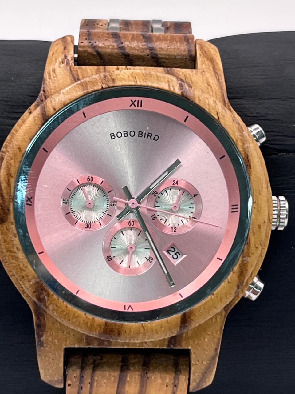 BOBO BIRD Wood Multi-Function Chronograph Pink Dial Watch