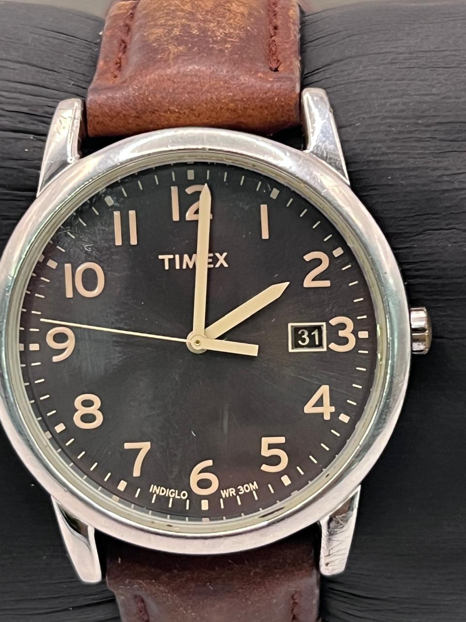 Timex Easy Reader Indiglo Black Dial Brown Leather Watch