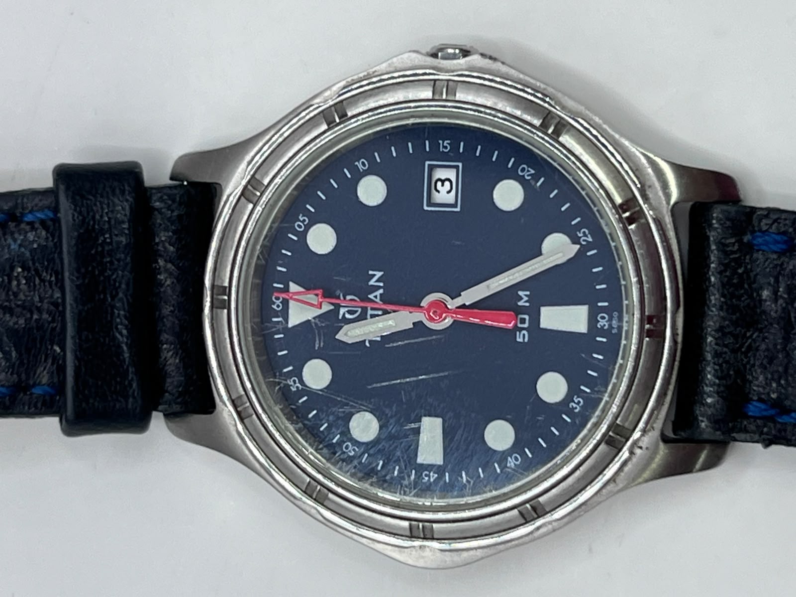 Titan Diver Style 50M Blue Dial Leather Strap